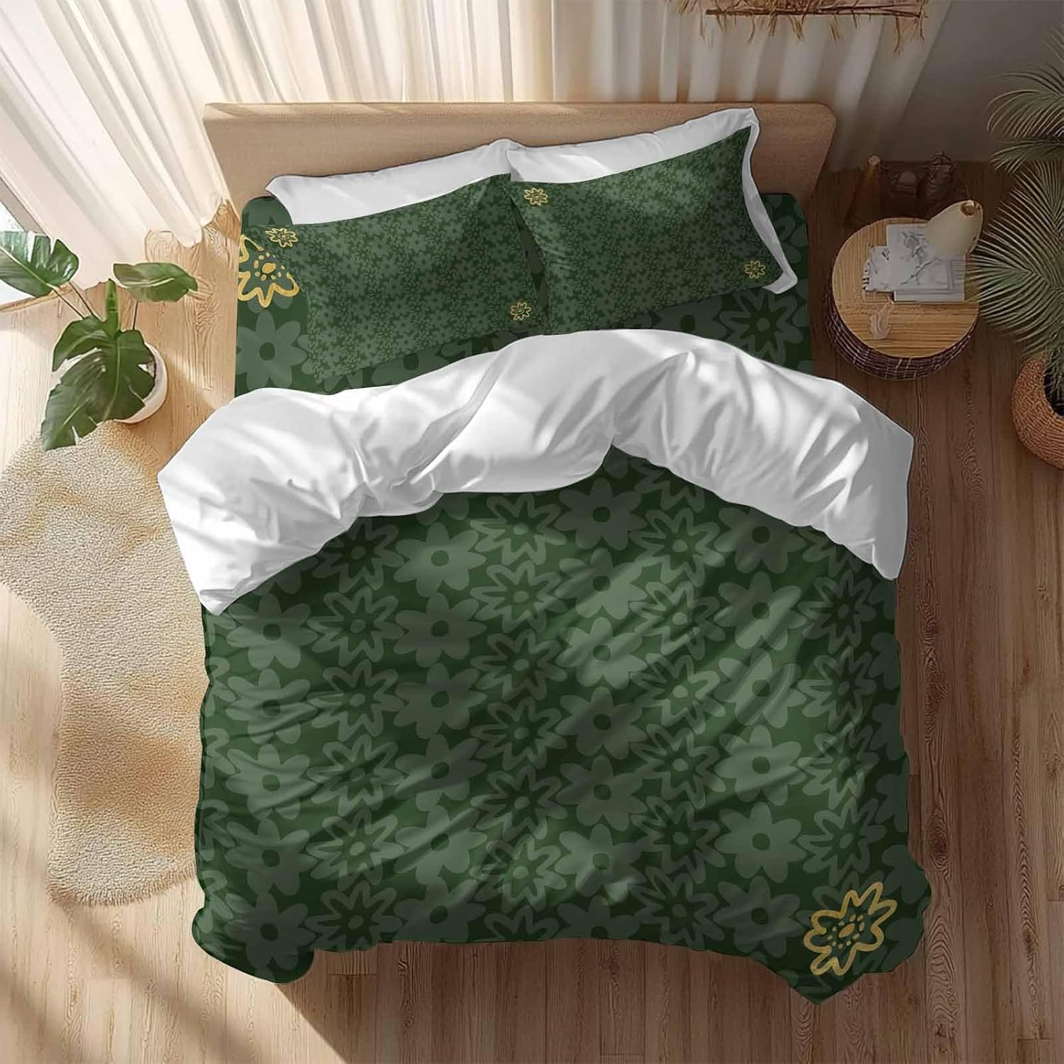 Prime Leader Flowers Duvet Cover Set Queen Size 4 Pieces Spring Green Yellow Daisy Floral Green Bedding Set with Zipper Closure, 1 Comforter Cover 92x106 Inches 1 Flat Sheet & 2 Pillow Cases