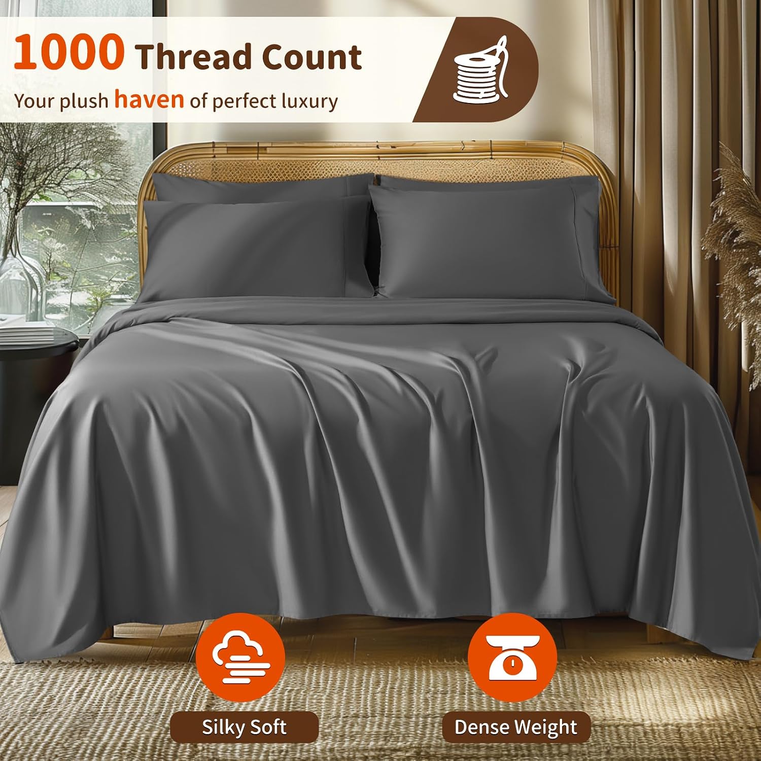 LBRO2M 1000 Thread Count 100% Egyptian Cotton Sheets Set 6 Piece Sets King Bed Sheet Deep Pocket Sheet Set 16' Soft Comfortable All Season (King, Dark Gray)