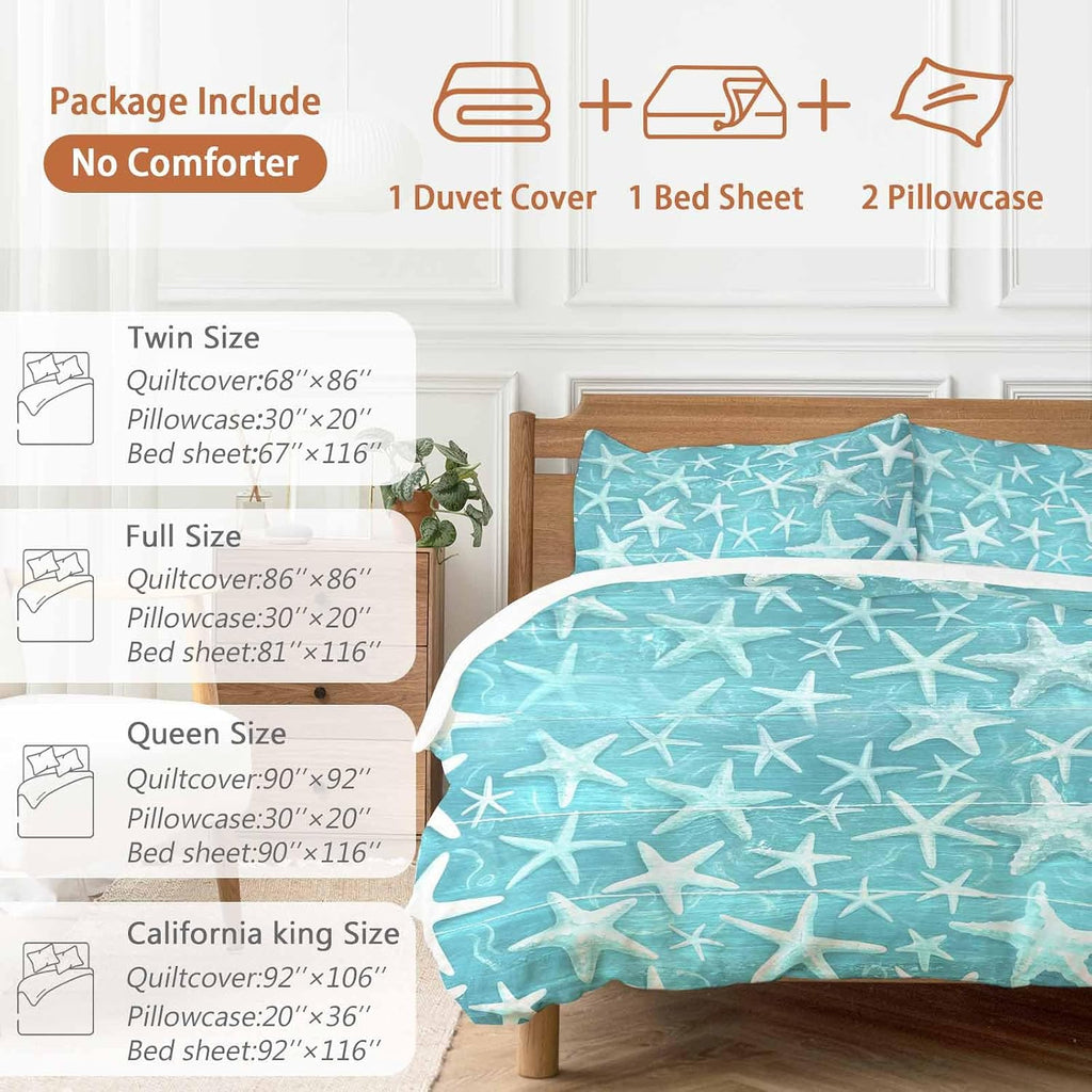 Summer Duvet Cover Set Queen Size 4 Pieces Coastal Watercolor Teal White Sea Starfish Wood Grain Bedding Set with Zipper Closure, 1 Comforter Cover 92x106 Inches 1 Flat Sheet & 2 Pillow Cases