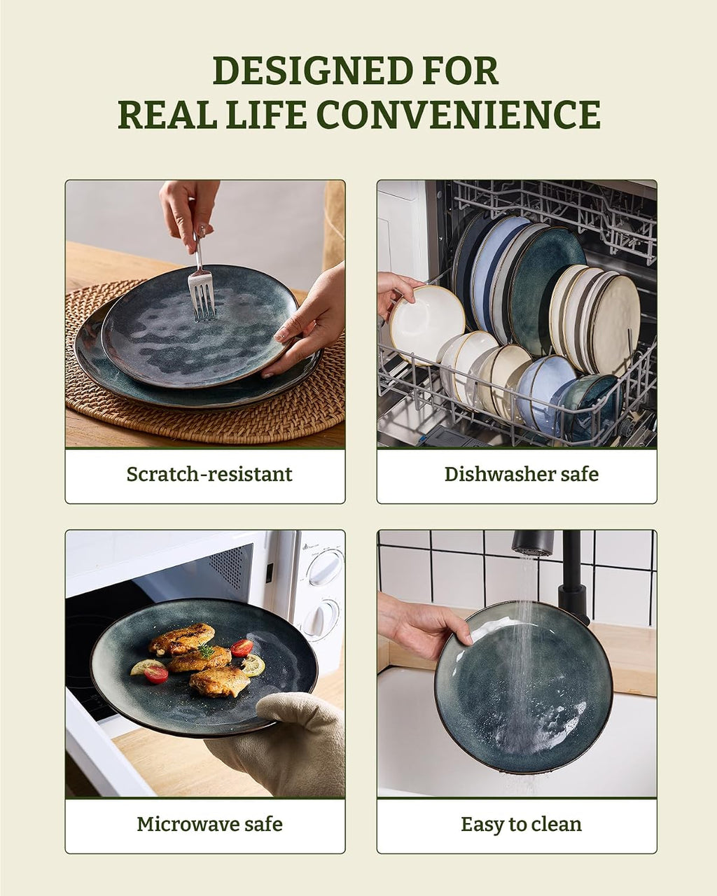 Famiware Dinnerware Sets for 8, Ocean Round 24-Piece Kitchen Plates and Bowls Sets, Microwave and Dishwasher Safe, Scratch Resistant, Deep Forest