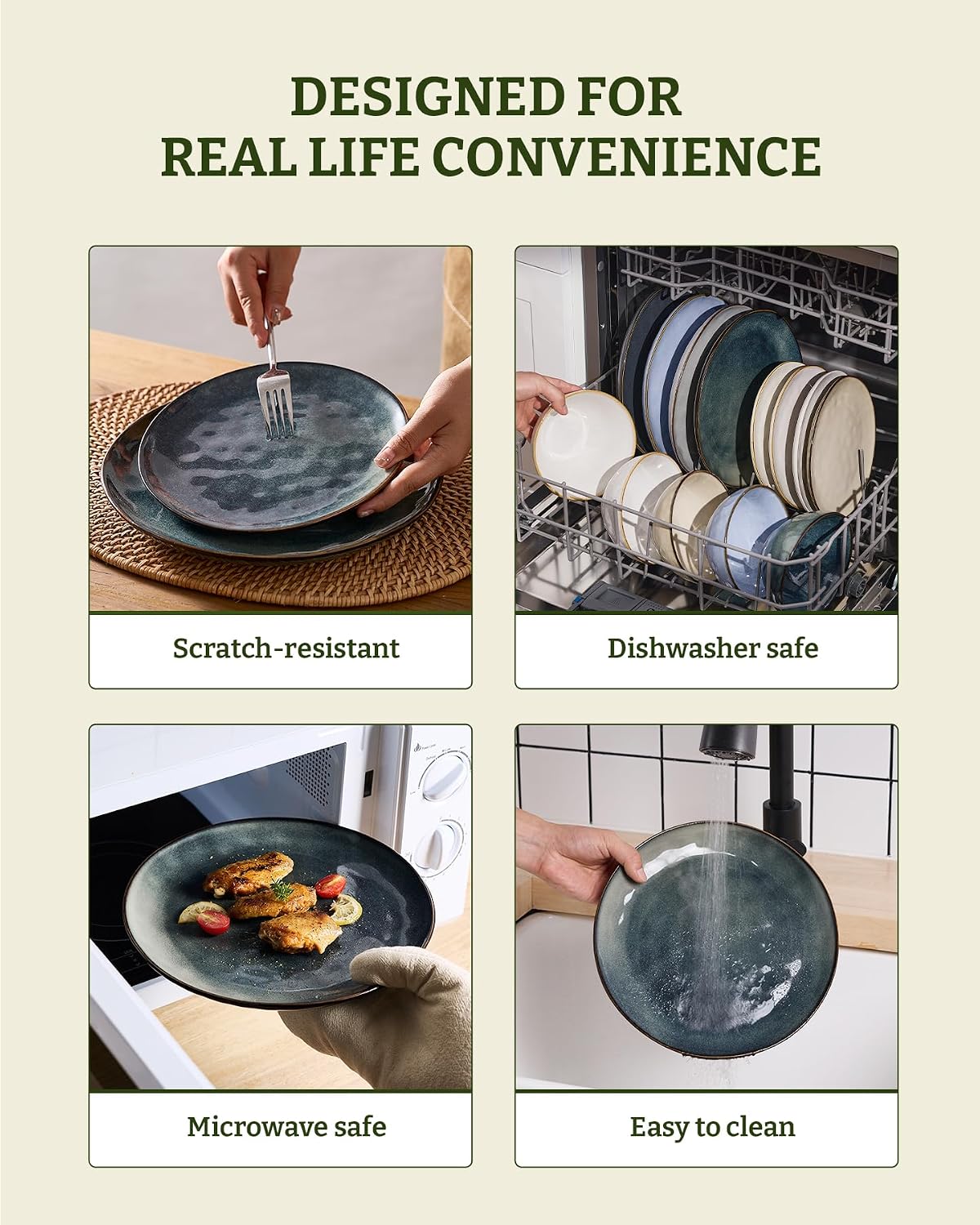 Famiware Ocean Round Plates and Bowls Set, 18 Pieces Dinnerware Sets, Dishes Set for 6, Reactive Glaze, Microwave and Dishwasher Safe, Scratch Resistant, Deep Forest