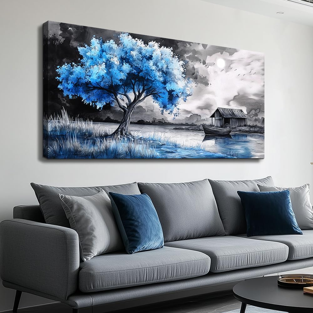 PHAOHUAXM Large Wall Art For Living Room Blue Wall Decor For Bedroom Black White And Blue Trees Wall Pictures Restaurant Office Frame Printing Canvas Large Artwork Modern Home Decoration 30x60 in
