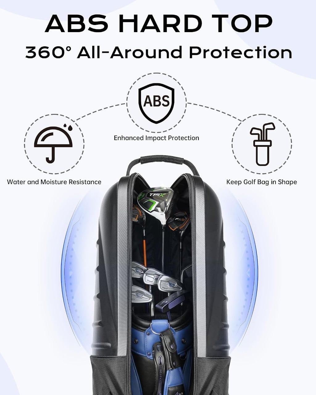 Golf Travel Bag for Airlines, ABS Hard Shell Top, 1680D Oxford Cloth, 4 Side Pockets, Two 4 Inch Wheels, Lockable Zippers, Foldable Club Travel Case