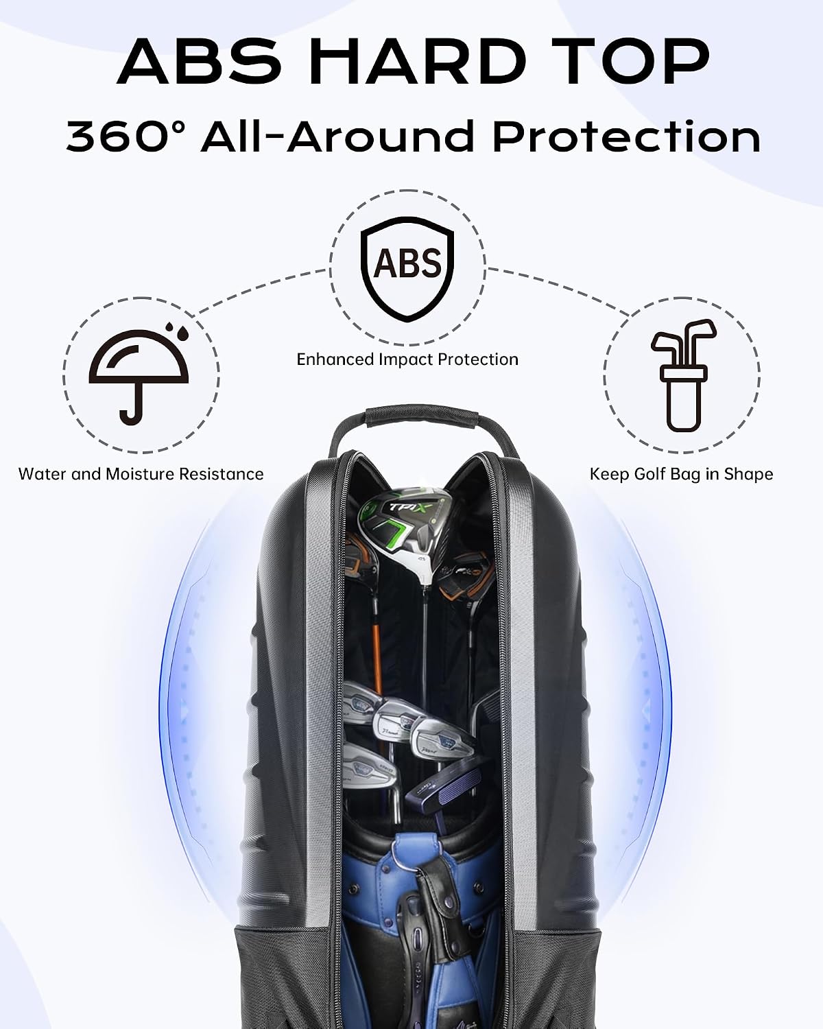 Golf Travel Bag for Airlines, ABS Hard Shell Top, 1680D Oxford Cloth, 4 Side Pockets, Two 4 Inch Wheels, Lockable Zippers, Foldable Club Travel Case
