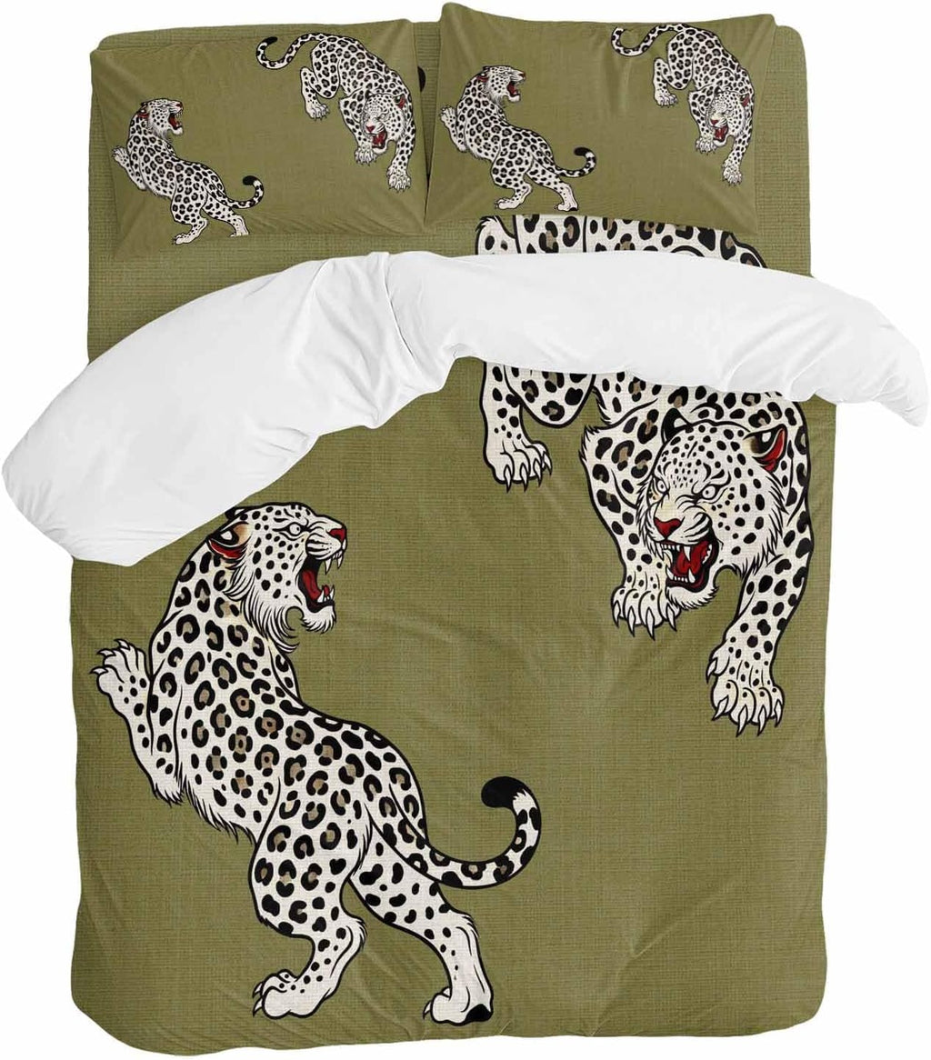 Green Leopard Duvet Cover Set Queen Size 4 Pieces Modern Style Wild Animal Rustic Linen Texture Bedding Set with Zipper Closure, 1 Comforter Cover 86x86 Inches 1 Flat Sheet & 2 Pillow Cases