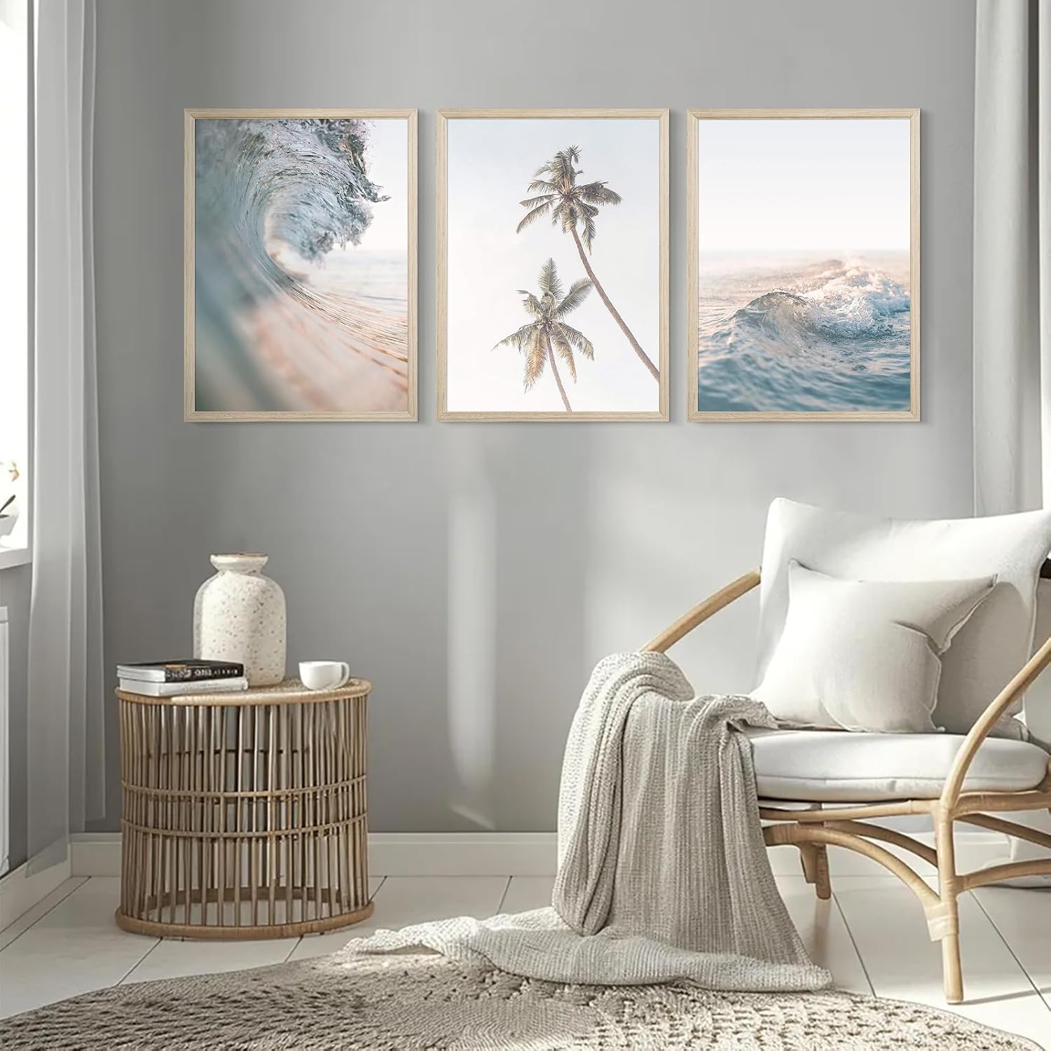 Lhoiplme Beach Wall Art Decor Coastal Ocean Poster Palm Tree Canvas Wall Decor Beachy Room Aesthetic Pictures Blue Waves Prints Beach Coasta Artwork for Bedroom Living Room 24x36 Inch Framed Set of 3
