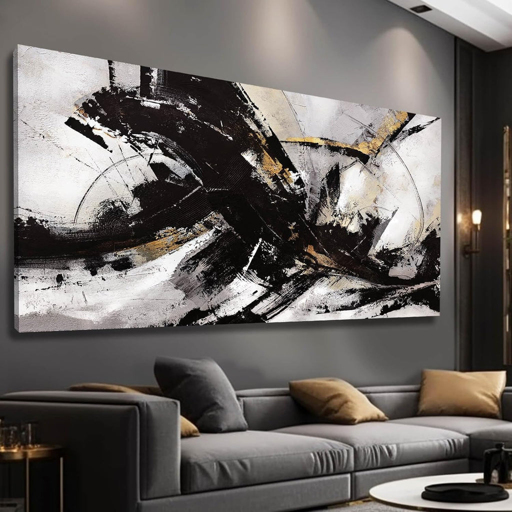 Abstract Wall Art for Living Room Canvas Wall Decor Large Artwork Black And Gold Wall Decorations Black Pictures for Wall 29'x58'