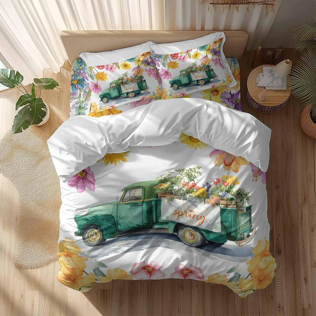 Spring Floral Duvet Cover Set Queen Size 4 Pieces Oil Painting Flower Watercolor Farm Light Blue Truck Bedding Set with Zipper Closure, 1 Comforter Cover 86x86 Inches 1 Flat Sheet & 2 Pillow Cases
