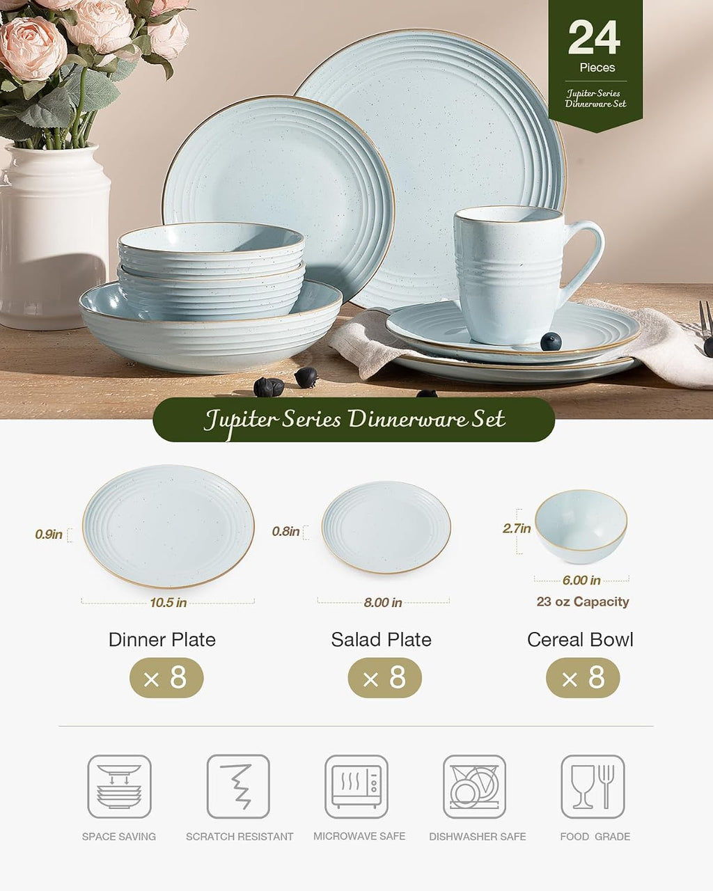 Famiware Jupiter 24-Piece Stoneware Dinnerware Set, Handcrafted Plates and Bowls with Speckles & Embossed Swirls, Chip/Scratch Resistant, Microwave/Dishwasher Safe, Rustic Dishes, Service for 8, Blue