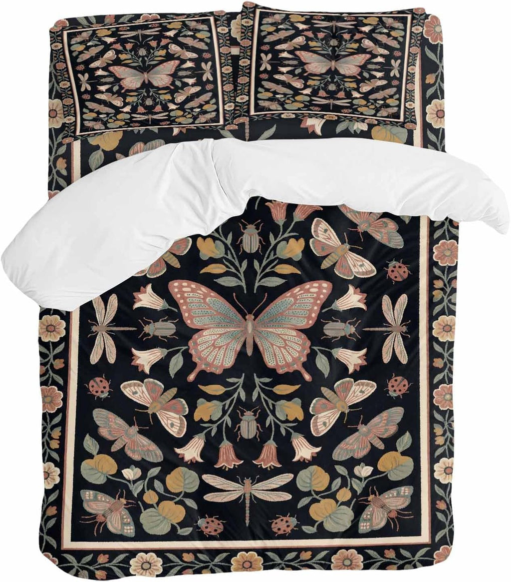 Retro Theme Duvet Cover Set Queen Size 4 Pieces Butterfly Dragonfly Plants Flowers Leaves Black Bedding Set with Zipper Closure, 1 Comforter Cover 90x92 Inches 1 Flat Sheet & 2 Pillow Cases
