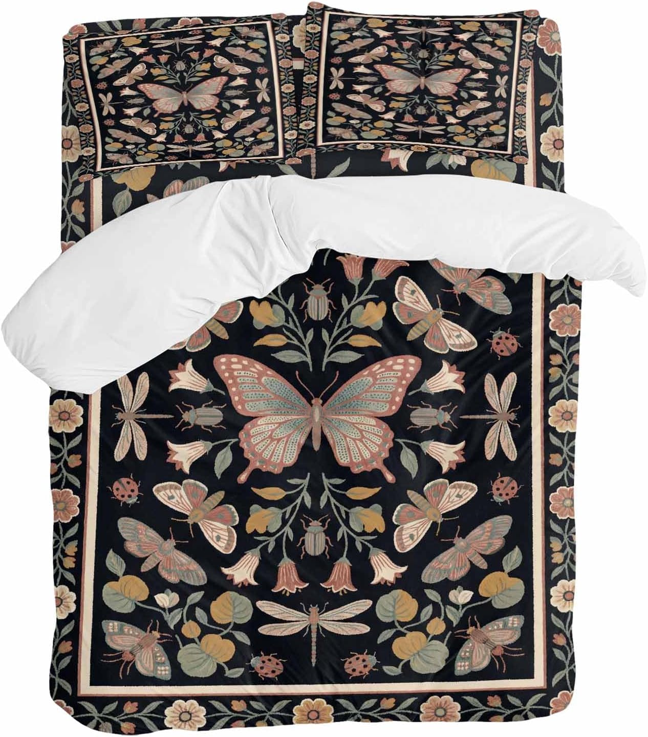 Retro Theme Duvet Cover Set Queen Size 4 Pieces Butterfly Dragonfly Plants Flowers Leaves Black Bedding Set with Zipper Closure, 1 Comforter Cover 90x92 Inches 1 Flat Sheet & 2 Pillow Cases