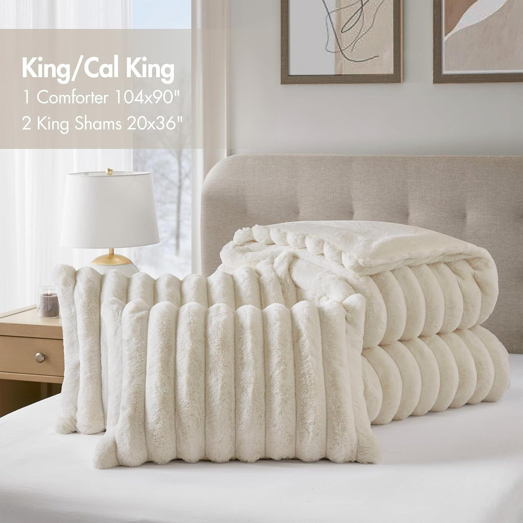 Madison Park Jasmine King Comforter Set, Luxurious Reversible Faux Fur Plush Ribbed Velvet Bedding, Fuzzy Thick Warm Winter Comforter, Super Soft Fluffy 3-Piece Set Ivory