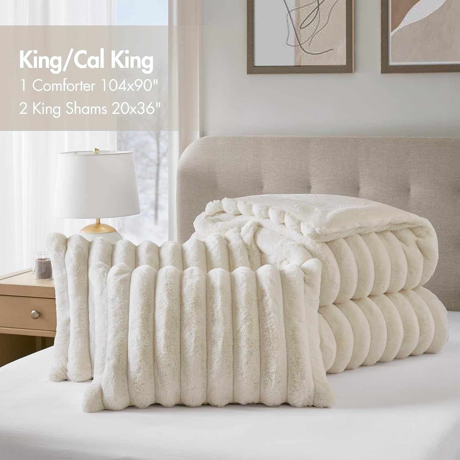 Madison Park Jasmine King Comforter Set, Luxurious Reversible Faux Fur Plush Ribbed Velvet Bedding, Fuzzy Thick Warm Winter Comforter, Super Soft Fluffy 3-Piece Set Ivory