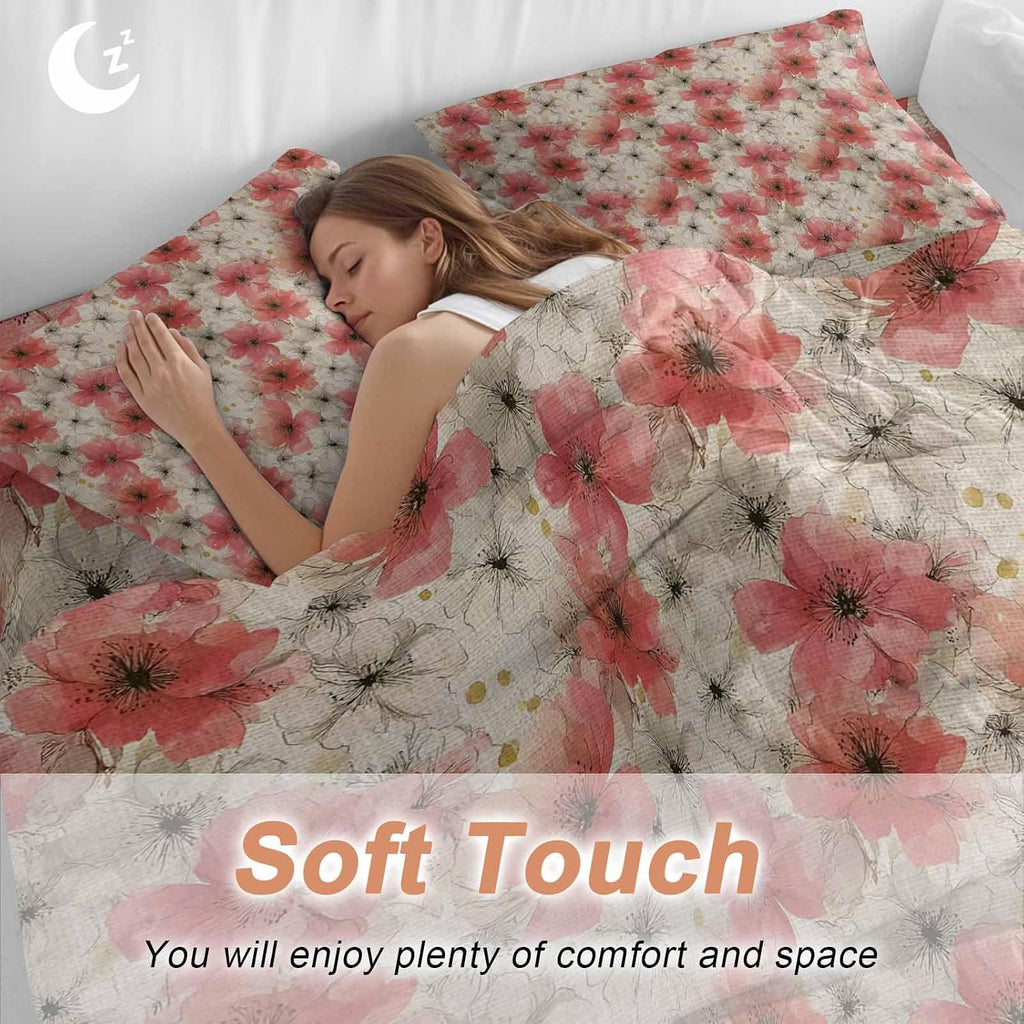 Spring Florals Duvet Cover Set Queen Size 4 Pieces Red White Floral Vintage Water Ink Painting Bedding Set with Zipper Closure, 1 Comforter Cover 90x92 Inches 1 Flat Sheet & 2 Pillow Cases