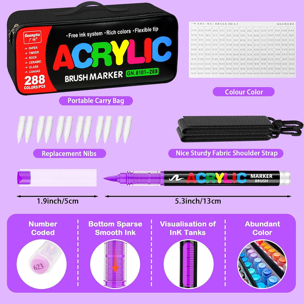 Surcotto 288 Colors Acrylic Paint Markers,Acrylic Paint Pens with Direct-Liquid Ink Control System,1-6mm Soft Brush Tip Paint for Rock, Wood, Canvas, Glass, Fabric, Metal, Plastic, Paper, with Bag