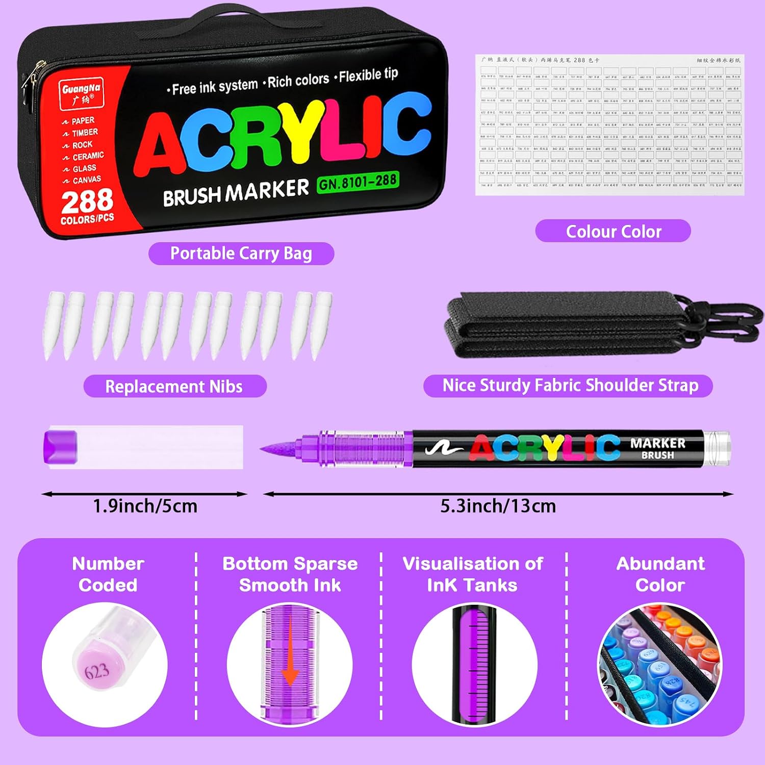 Surcotto 288 Colors Acrylic Paint Markers,Acrylic Paint Pens with Direct-Liquid Ink Control System,1-6mm Soft Brush Tip Paint for Rock, Wood, Canvas, Glass, Fabric, Metal, Plastic, Paper, with Bag