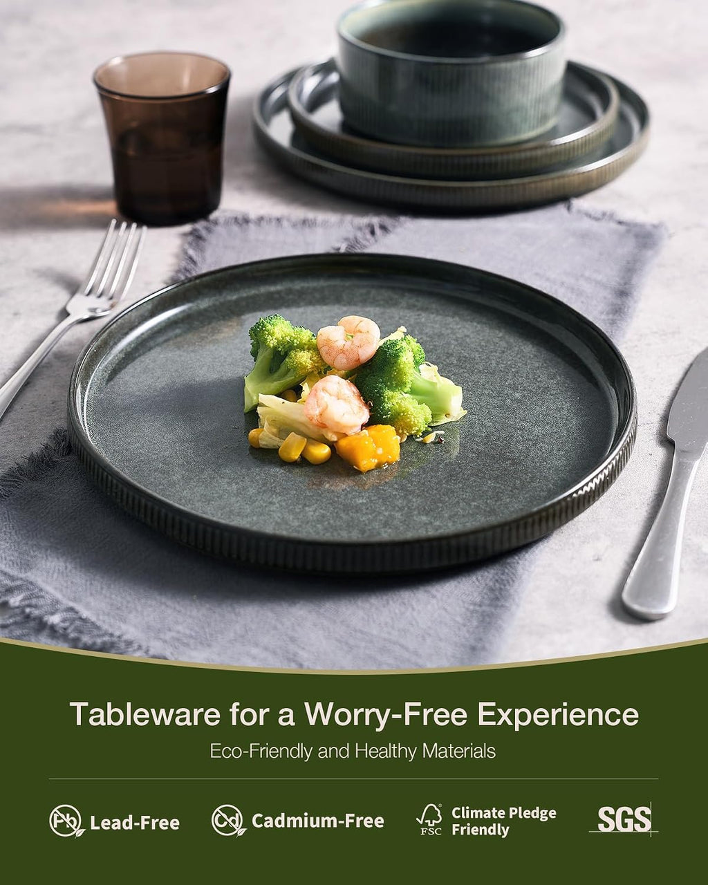 Famiware Star 18-Piece Reactive Glaze Plates and Bowls Sets, Service for 6 - Stoneware Dinnerware with Trim, Modern Rustic Dishes, Chip & Scratch Resistant, Microwave & Dishwasher Safe, Deep Forest