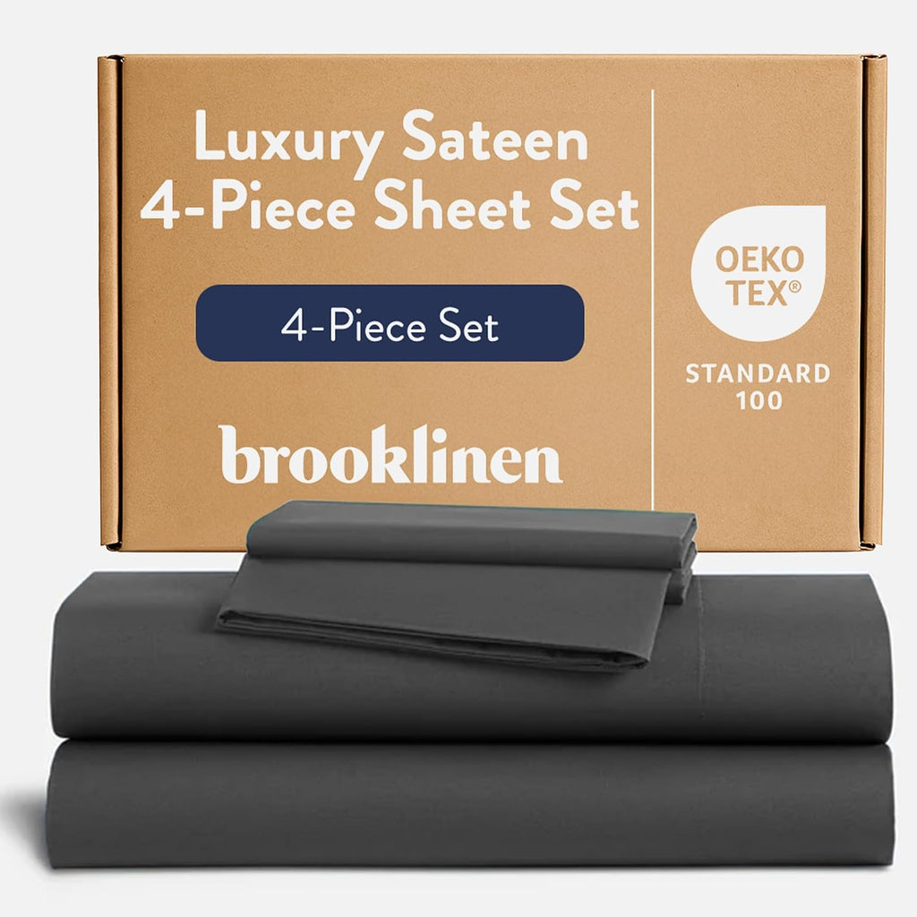 Brooklinen Luxury Sateen 4 Piece Sheet Set - 100% Cotton Bed Sheets, Soft & Durable Queen Size Sheets Set in Slate Grey, Oeko-TEX Certified Bedding Set, 1 Fitted Sheet, 1 Flat Sheet, 2 Pillowcases