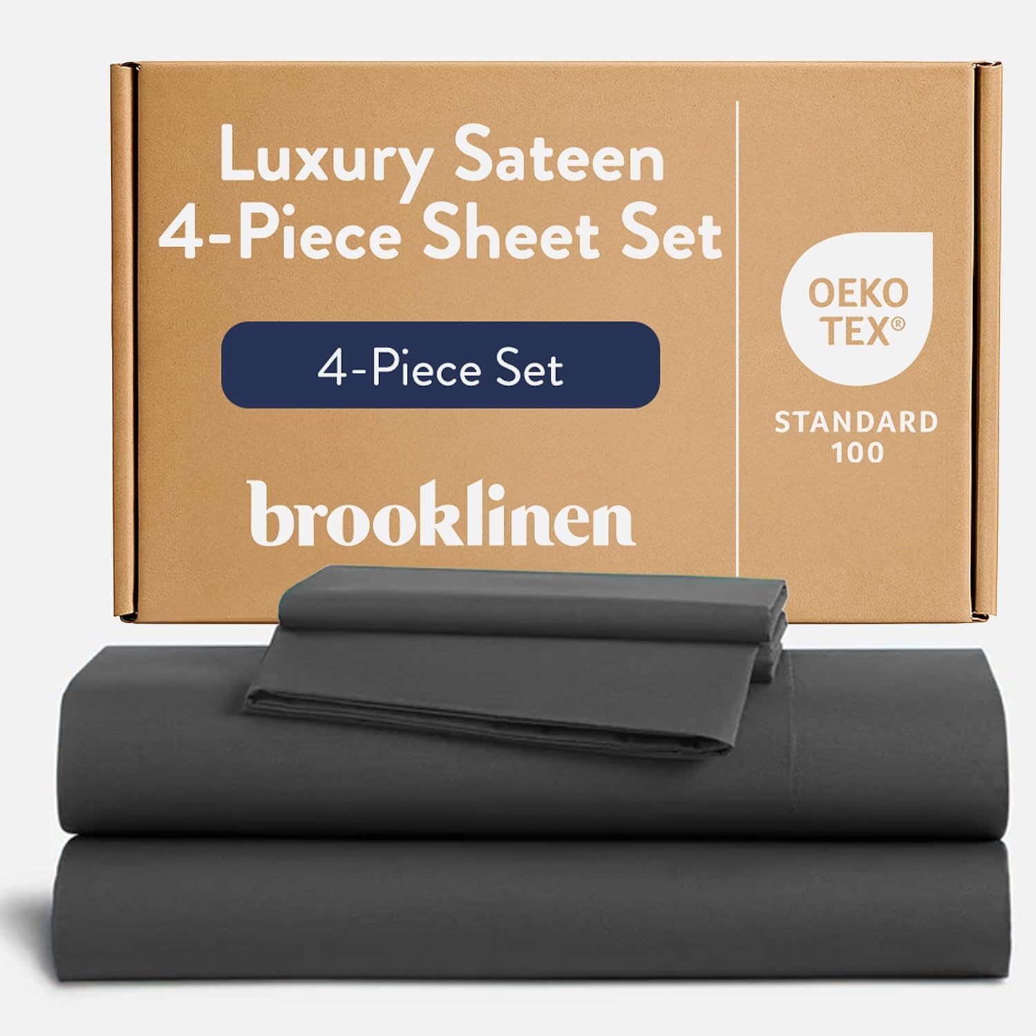 Brooklinen Luxury Sateen 4 Piece Sheet Set - 100% Cotton Bed Sheets, Soft & Durable Twin Sheets Set in Slate Grey, Oeko-TEX Certified Bedding Set, 1 Fitted Sheet, 1 Flat Sheet, 2 Pillowcases