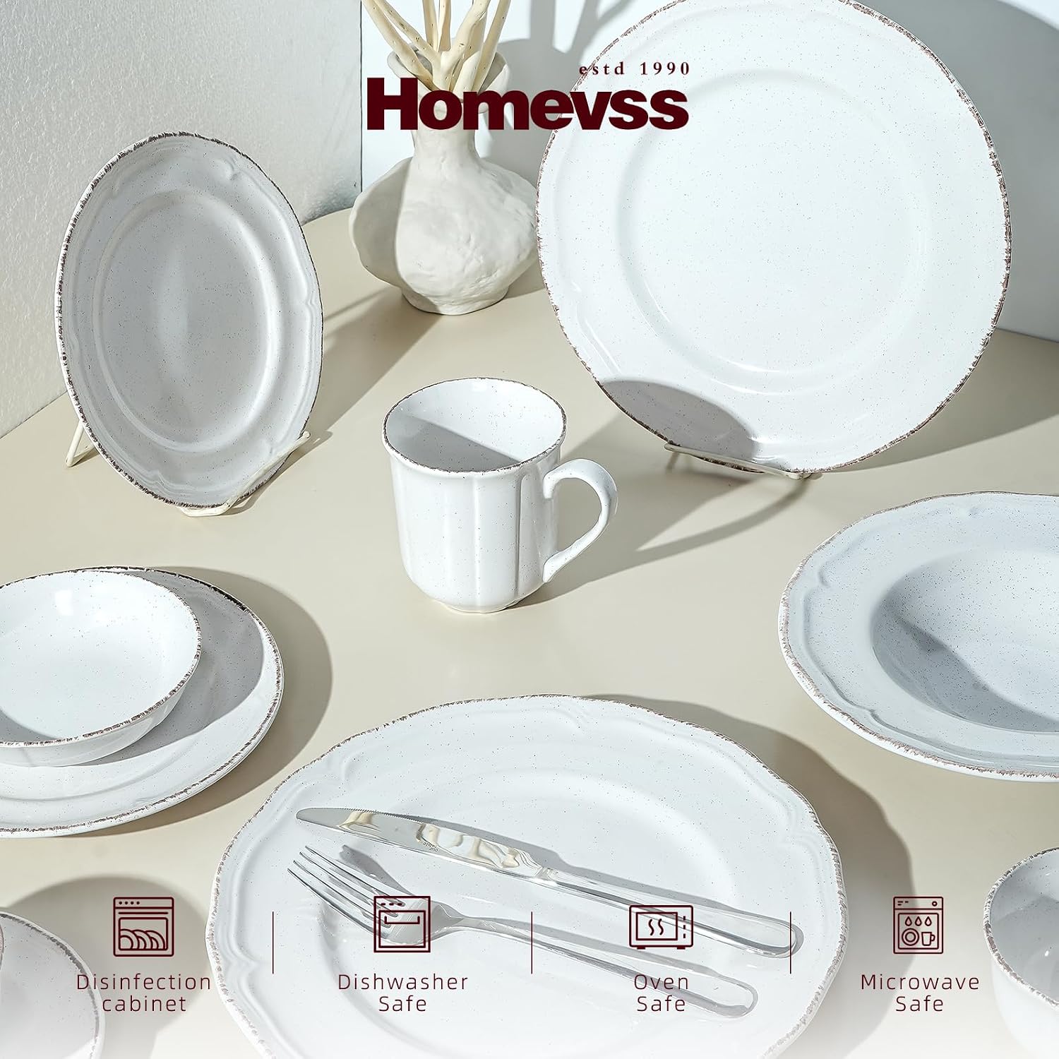 56pc Dinnerware Set, Plate and Bowl Set, Stoneware Dishes Set for 8, Microwave and Dishwahser Safe, Scratch Resistant, French Countryside Speckled Antique White
