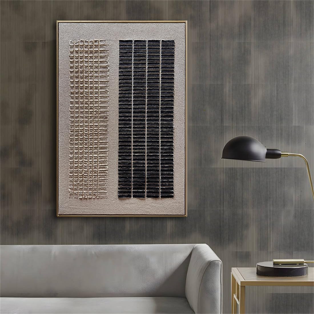 zoinart Beige and Black Textured Wall Art with Dense Array Blocks, 24x36 inch Contemporary Minimalist Art Oil Painting Home Wall Decoration