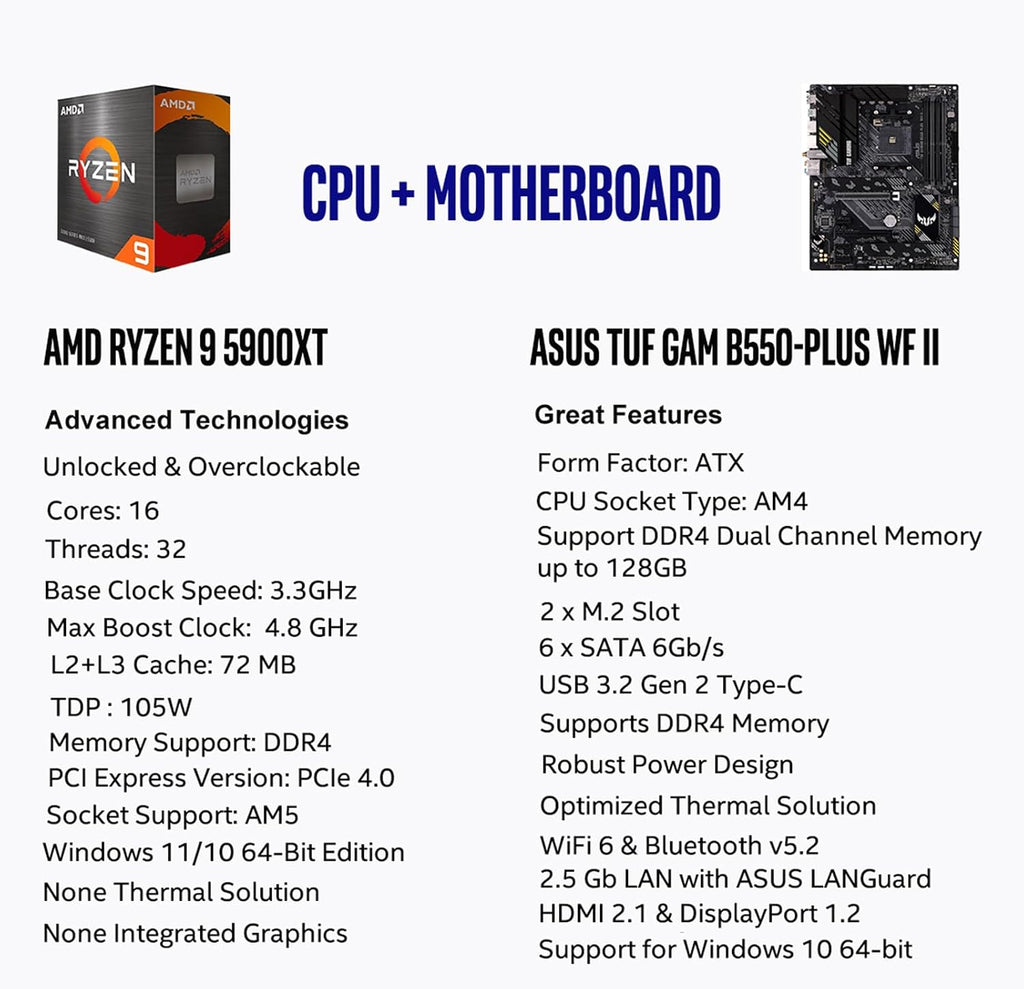 MICRO CENTER AMD Ryzen 9 5900XT Desktop Processor with ASUS TUF Gaming B550-PLUS WiFi II AM4 ATX Gaming Motherboard (DDR4, PCIe 4.0, WiFi 6, 2.5Gb LAN, USB 3.2 Gen 2)