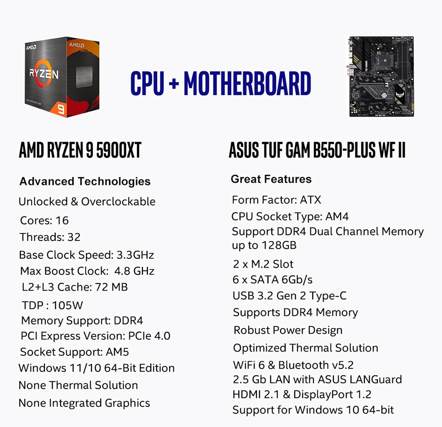 MICRO CENTER AMD Ryzen 9 5900XT Desktop Processor with ASUS TUF Gaming B550-PLUS WiFi II AM4 ATX Gaming Motherboard (DDR4, PCIe 4.0, WiFi 6, 2.5Gb LAN, USB 3.2 Gen 2)