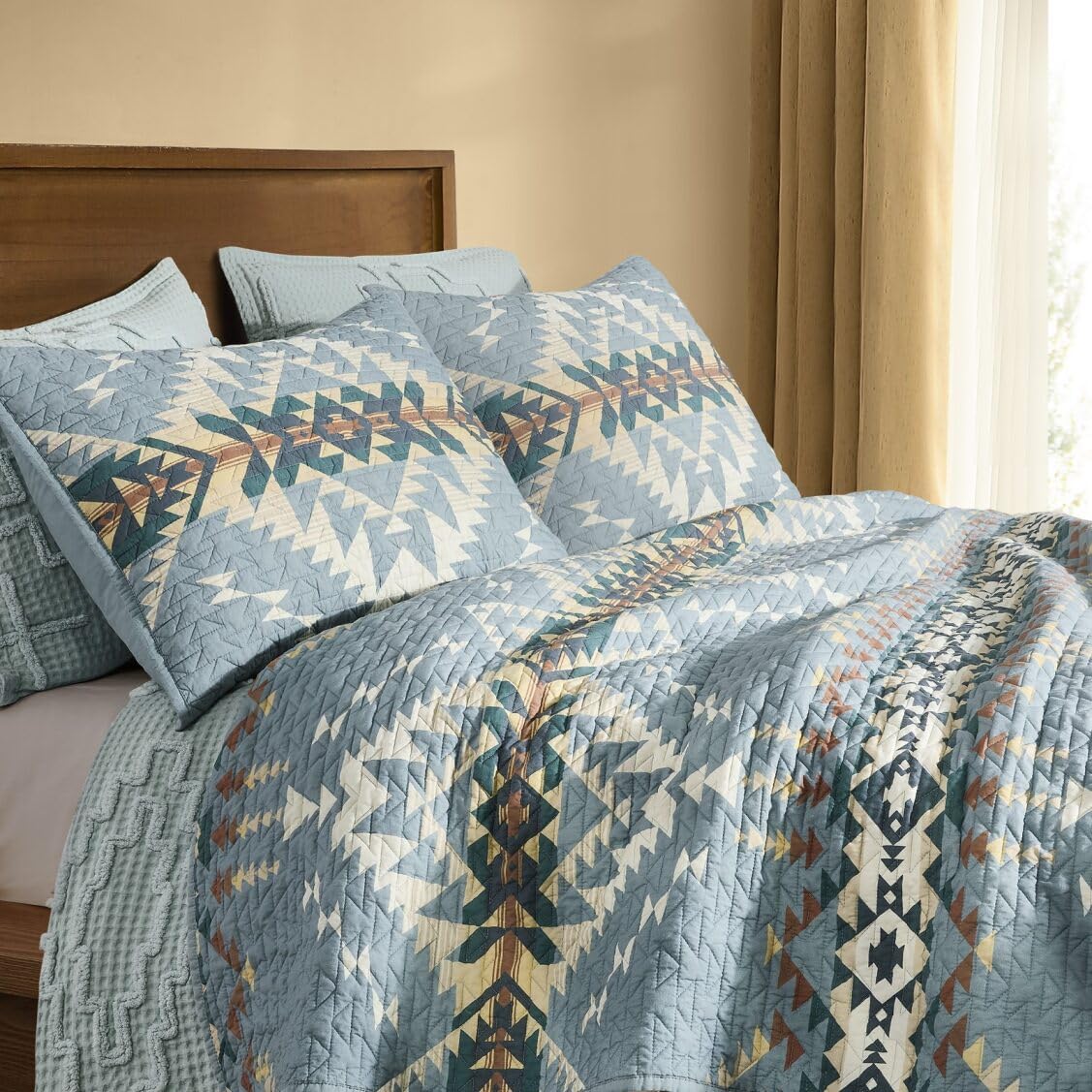 Pendleton King Quilt Set – 100% Cotton 3 Piece Quilt Set with Shams, Soft Lightweight Bedding for King Size Bed, Light Blue Patterned Comforter Alternative, King Bedding Set (Bridge Creek)