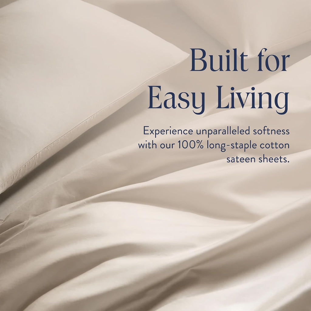 Brooklinen Luxury Sateen 4 Piece Sheet Set - 100% Cotton Bed Sheets, Soft & Durable Queen Size Sheets Set in Pebble, Oeko-TEX Certified Bedding Set, 1 Fitted Sheet, 1 Flat Sheet, 2 Pillowcases