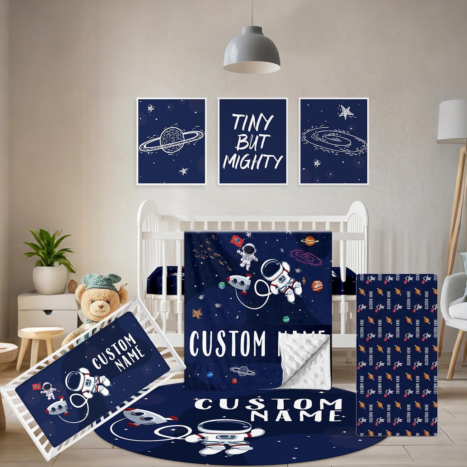 Terwex Personalized Crib Bedding Set, 5 Pcs Custom Nursery Bedding Sets with Name, Infant Bedding Set for Baby Boys, Blue Astronaut Double Layer Baby Crib Set, Babies Toddlers Kids Customized Gifts