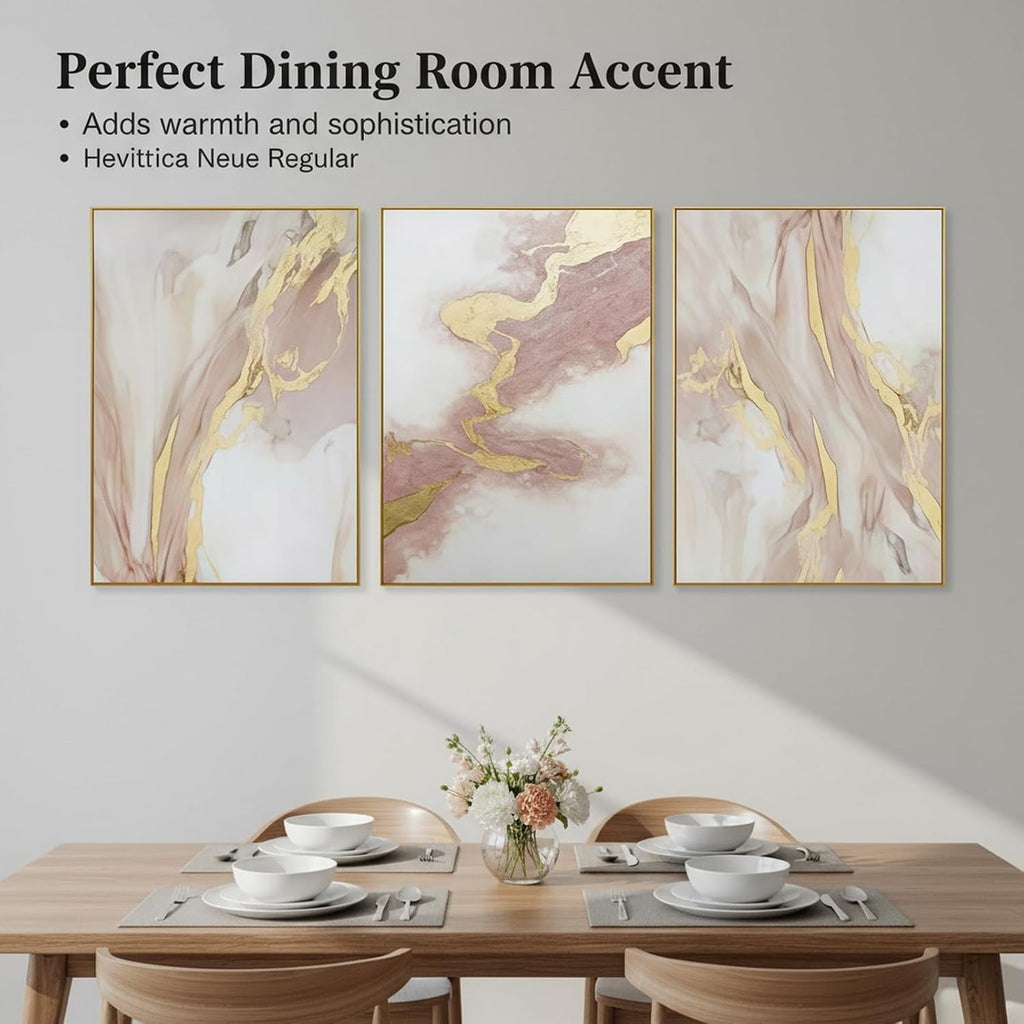 3 Piece Living Room Pink Wall Art, Framed Gold Abstract Painting Water Flow Shape for Bedroom,Modern Pink Wall Decor Home Decor Ready to Hang 24x48 inches