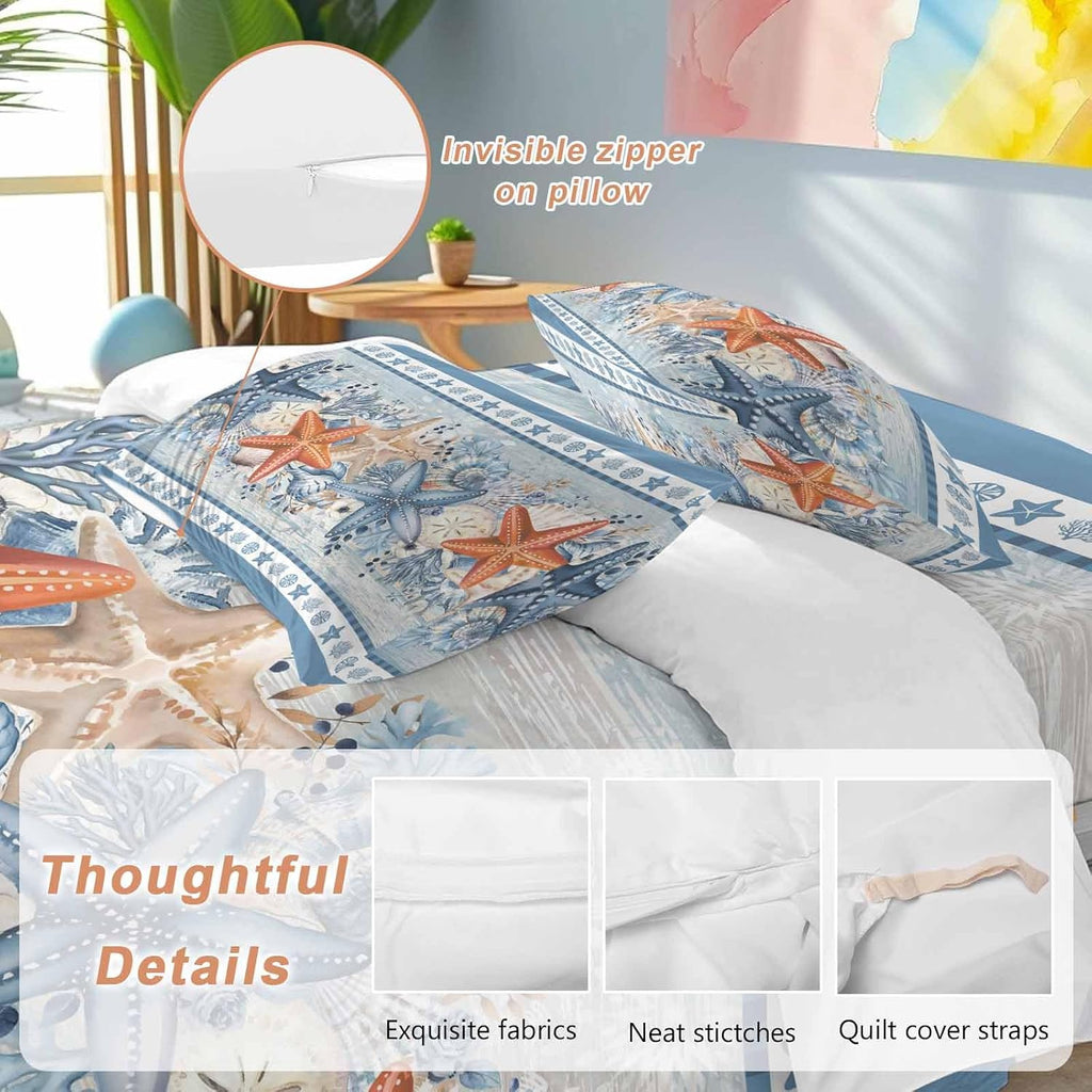 Blue Coastal Duvet Cover Set Queen Size 4 Pieces Orange Starfish Coral Beach Nautical Vintage Bedding Set with Zipper Closure, 1 Comforter Cover 86x86 Inches 1 Flat Sheet & 2 Pillow Cases