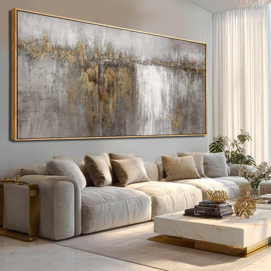 Neutral Canvas Arts Gold Wall Art Decor Framed Abstract Pictures Grey Prints Artwork for Living Room Bedroom Dining Room Home Office Decor 29'x58'