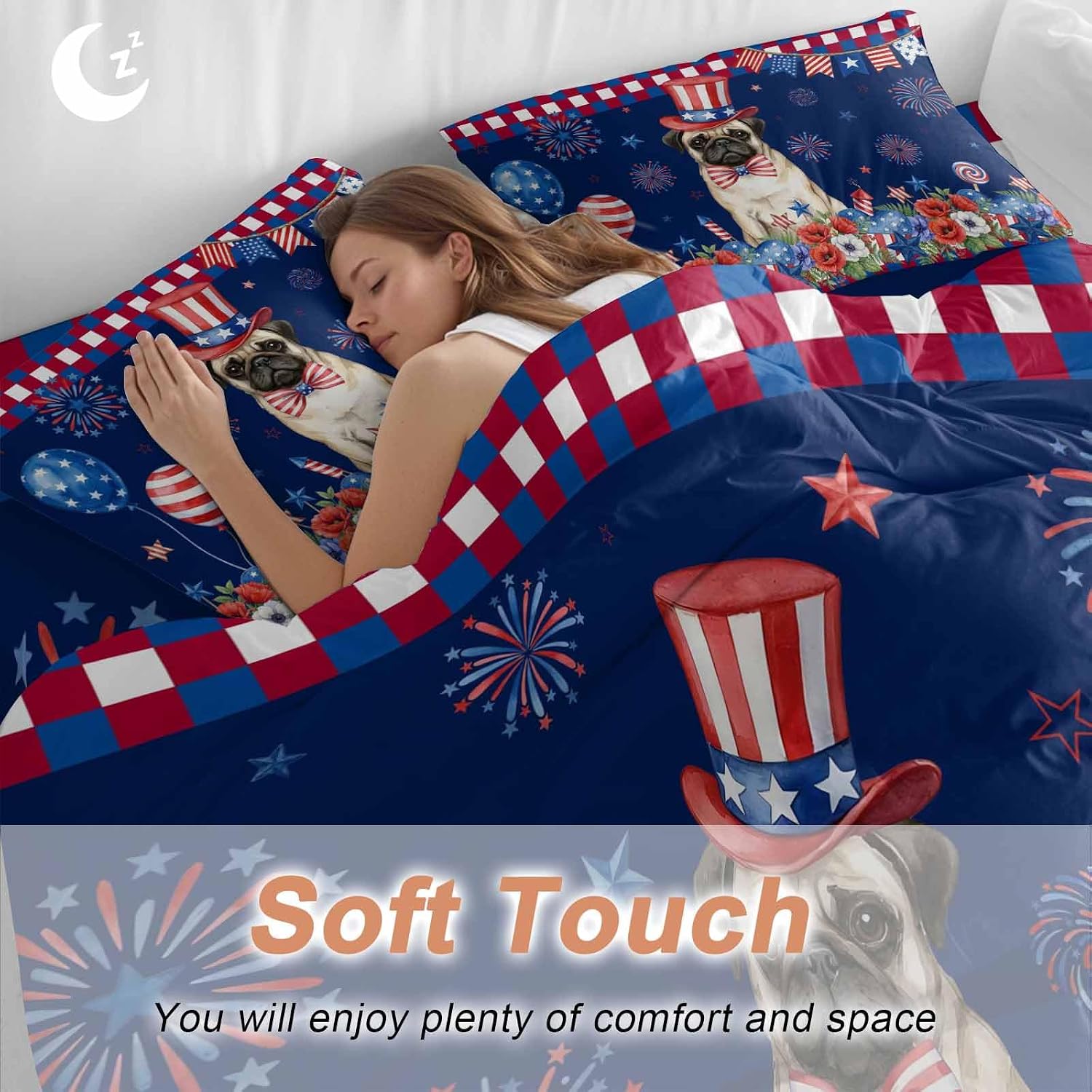 Independence Day Duvet Cover Set Queen Size 4 Pieces Cartoon Pug Dog Cute Puppy Colorful Poppy Bedding Set with Zipper Closure, 1 Comforter Cover 86x86 Inches 1 Flat Sheet & 2 Pillow Cases