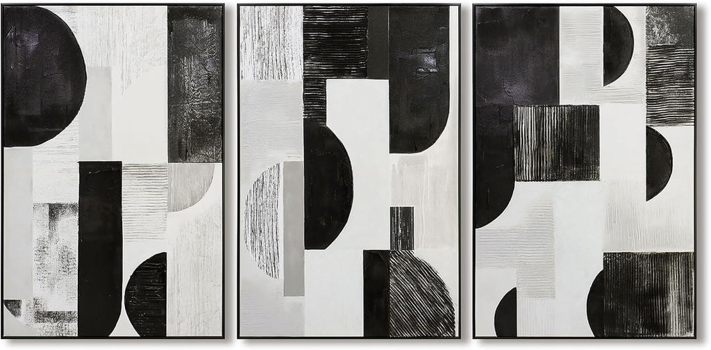 Zessonic Abstract Black White and Grey Wall Art Framed Geometry Canvas Print Modern Contemporary Edgy Blocks Artwork for Living Room, Bedroom, Office Decor - Set of 3, 24x36 Inch (Ready to Hang)