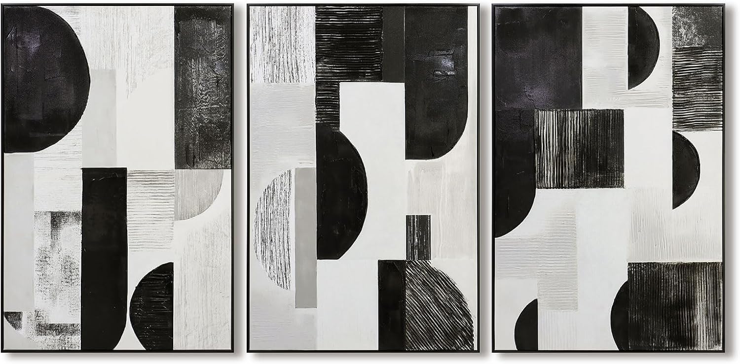 Zessonic Abstract Black White and Grey Wall Art Framed Geometry Canvas Print Modern Contemporary Edgy Blocks Artwork for Living Room, Bedroom, Office Decor - Set of 3, 24x36 Inch (Ready to Hang)