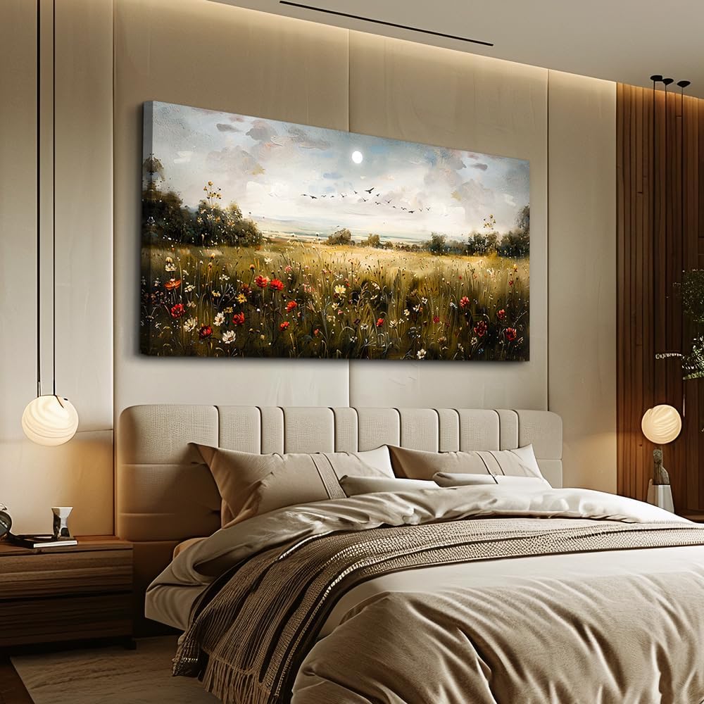Wapluam Large Canvas Wall Art Living Room Wall Decor for Bedroom Wildflower Field Vintage Wall Art Canvas Prints Paintings Farmhouse Artworks Pictures Modern Aesthetic Home Decoration Ready To Hang