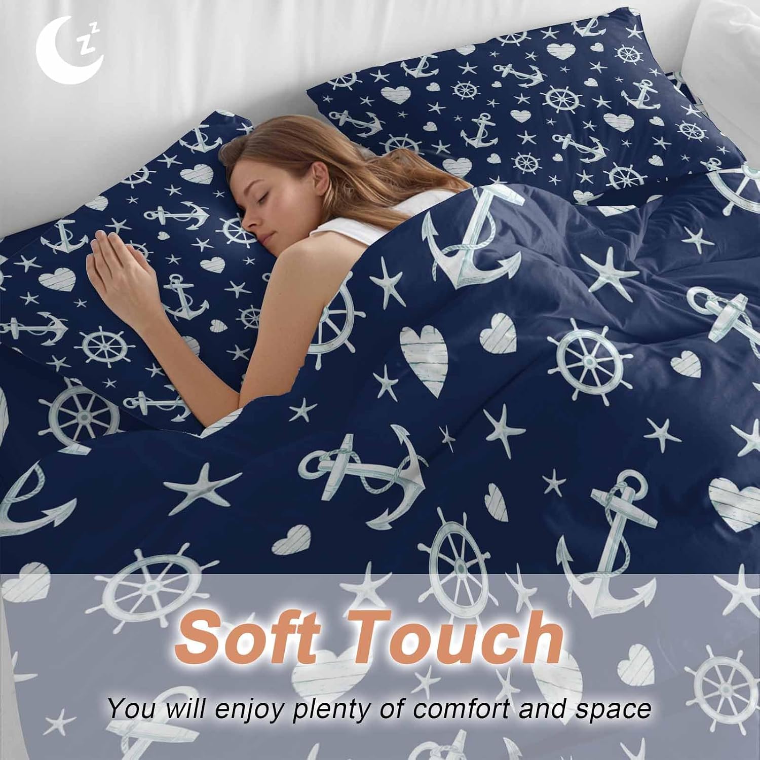 Summer Ocean Anchor Duvet Cover Set Queen Size 4 Pieces Nautical Coastal Sea Navy Blue Compass Love Heart Star Bedding Set with Zipper Closure,1 Comforter Cover 92x106 Inch 1 Flat Sheet&2 Pillow Cases