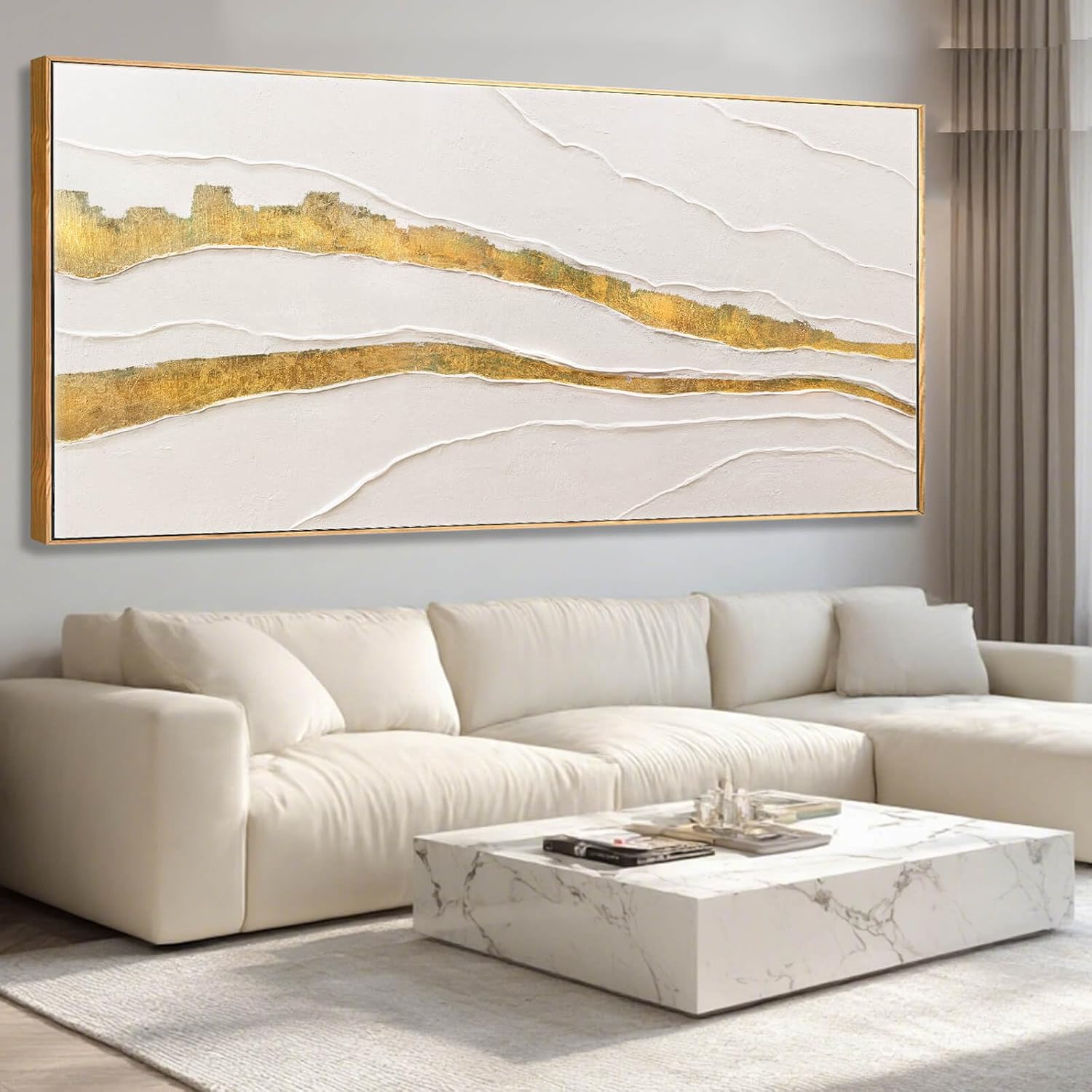 VAYIMDH White and Gold Oil Painting Wall Art Abstract Wall Decor Line Hanging Art 32'x70' Large Artwork for Living Room Decorative Pictures for Office