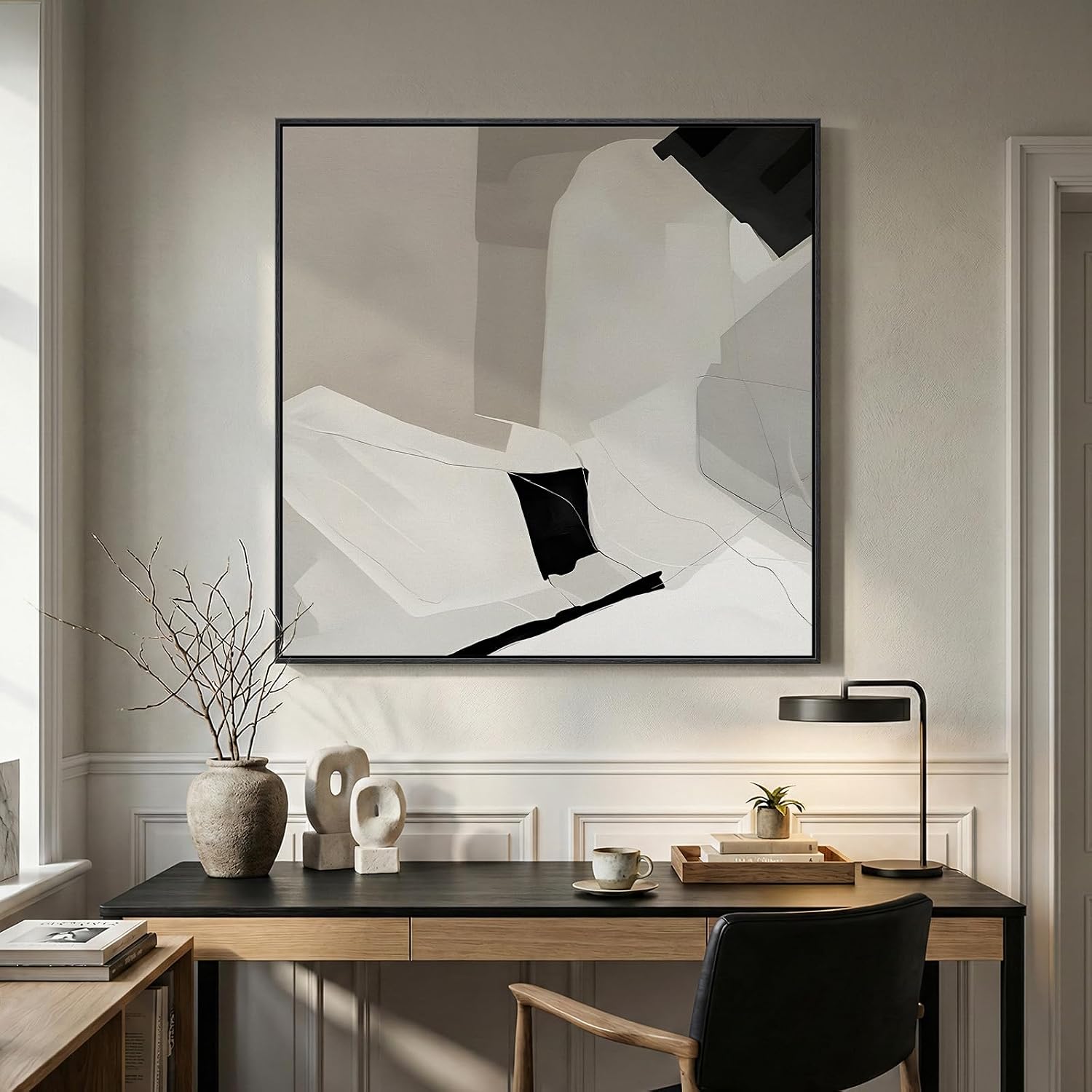 Extra Large Framed Black and White Abstract Wall Art for Living Room, Oversized Square Modern Canvas Prints Paintings, Neutral Minimalist Pictures for Hallway Dining Bedroom Office Wall Decor 40x40 In