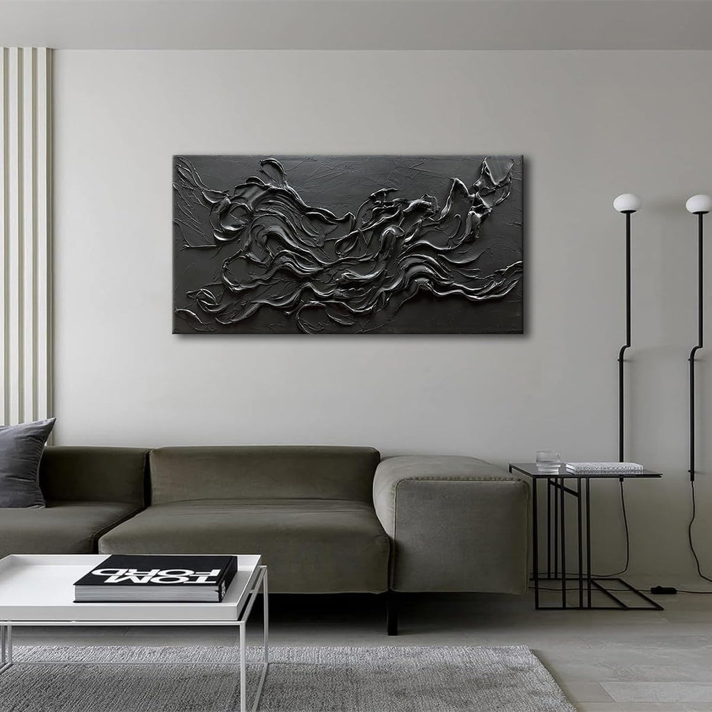 zoinart Hand Painted Large Black Wall Art 30'x60' Thick Texture Minimalist Oil Paintings Contemporary Art Oil on Canvas Abstract Textured Wall Art Pure Black Wall Art