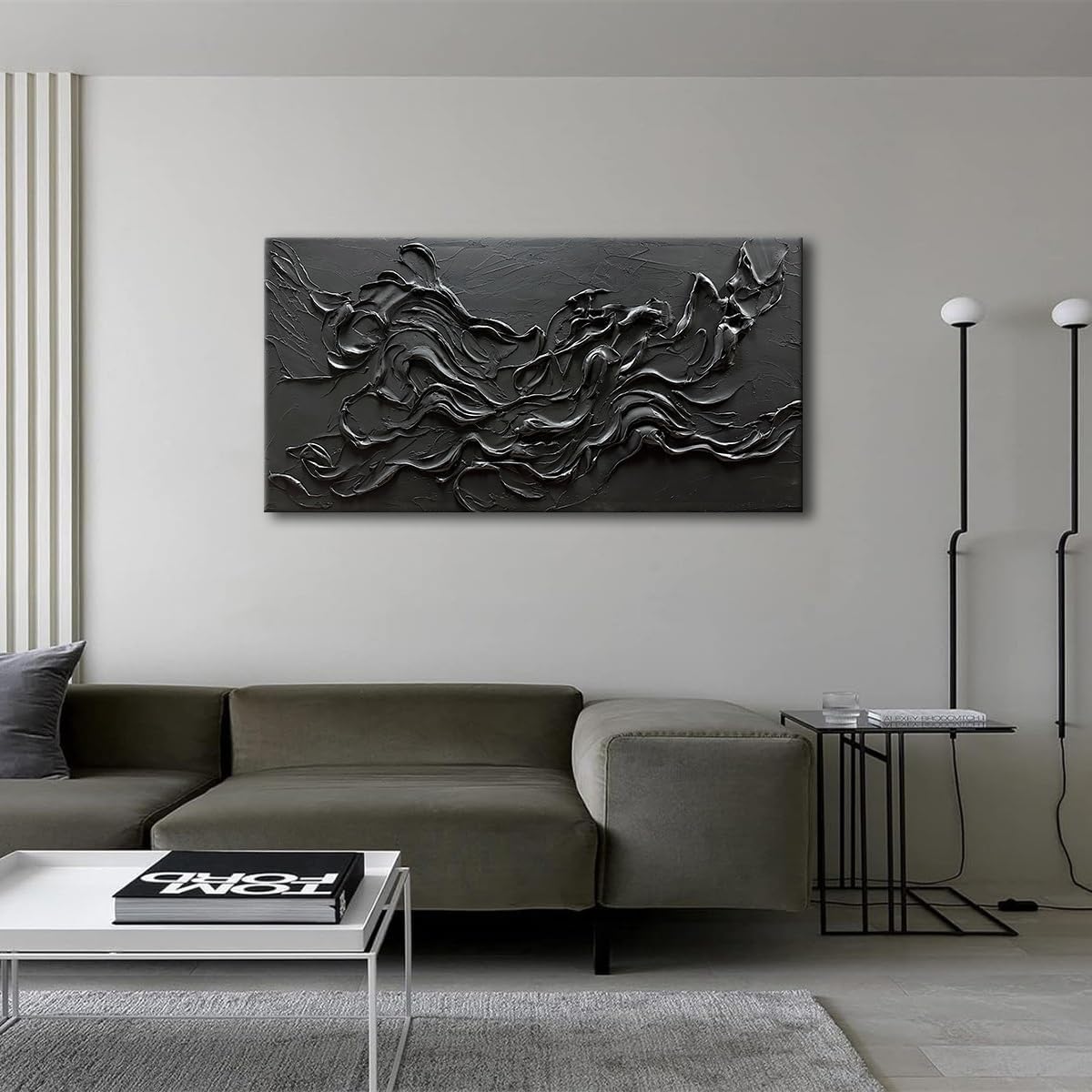 zoinart Hand Painted Large Black Wall Art 30'x60' Thick Texture Minimalist Oil Paintings Contemporary Art Oil on Canvas Abstract Textured Wall Art Pure Black Wall Art