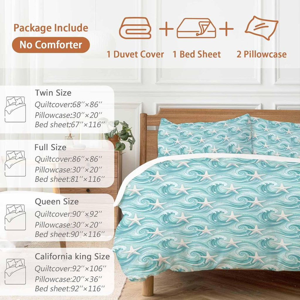 Teal Ocean Starfish Duvet Cover Set Queen Size 4 Pieces Nautical Coastal Watercolor Sea Waves Starfish Bedding Set with Zipper Closure, 1 Comforter Cover 92x106 Inches 1 Flat Sheet & 2 Pillow Cases