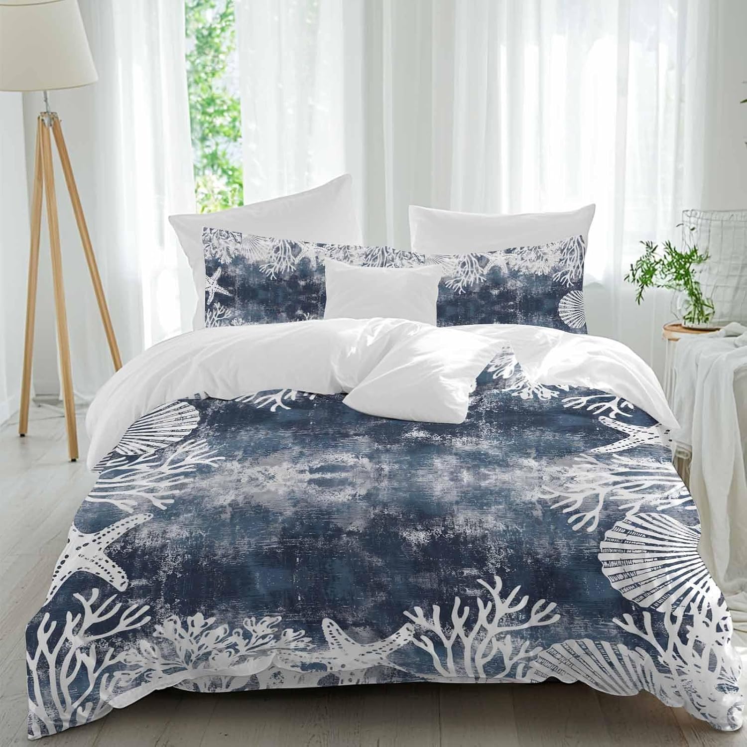 Vintage Blue Ocean Duvet Cover Set Queen Size 4 Pieces Country Nautical Coastal Sea Starfish Shell Coral Bedding Set with Zipper Closure, 1 Comforter Cover 92x106 Inches 1 Flat Sheet & 2 Pillow Cases