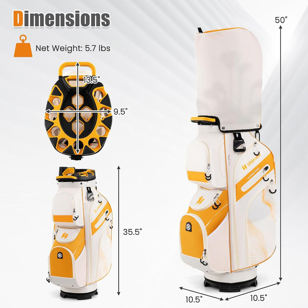ULTIMATE 14-Way Golf Cart Bag, Golf Bag w/Molded Lock Top & Full Length Dividers, Portable Golf Club Bag w/11 Pockets, Cooler Bag, Padded Strap & Rain Hood for Men Women