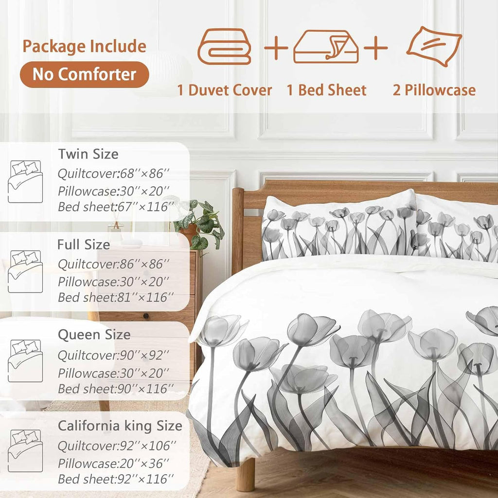 Prime Leader Spring Floral Duvet Cover Set Queen Size 4 Pieces Watercolor Black Tulip Flowers Pattern Bedding Set with Zipper Closure, 1 Comforter Cover 92x106 Inches 1 Flat Sheet & 2 Pillow Cases
