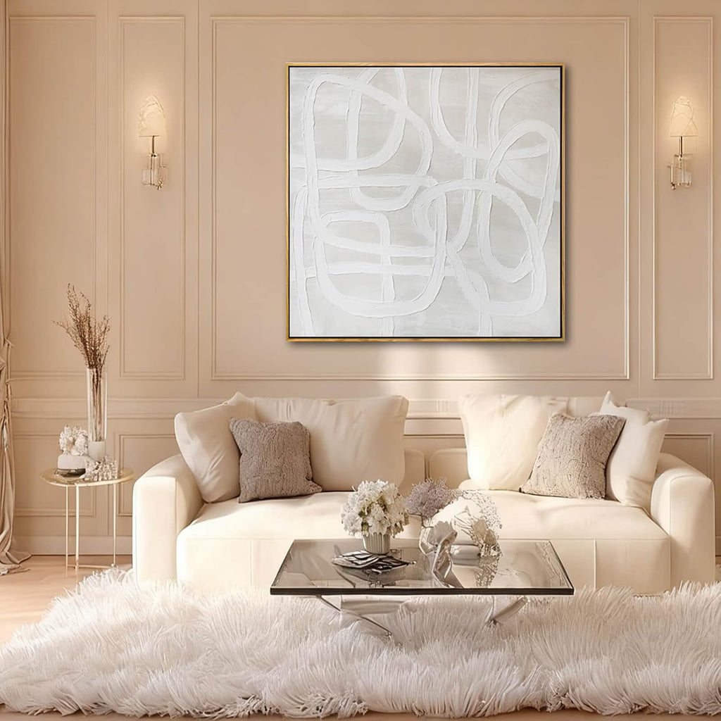 Neutral Abstract Line Wall Art, Framed Canvas Print, Beige Minimalist Modern Decor for Living Room Bedroom Office, Ready to Hang, 40x40 Inch