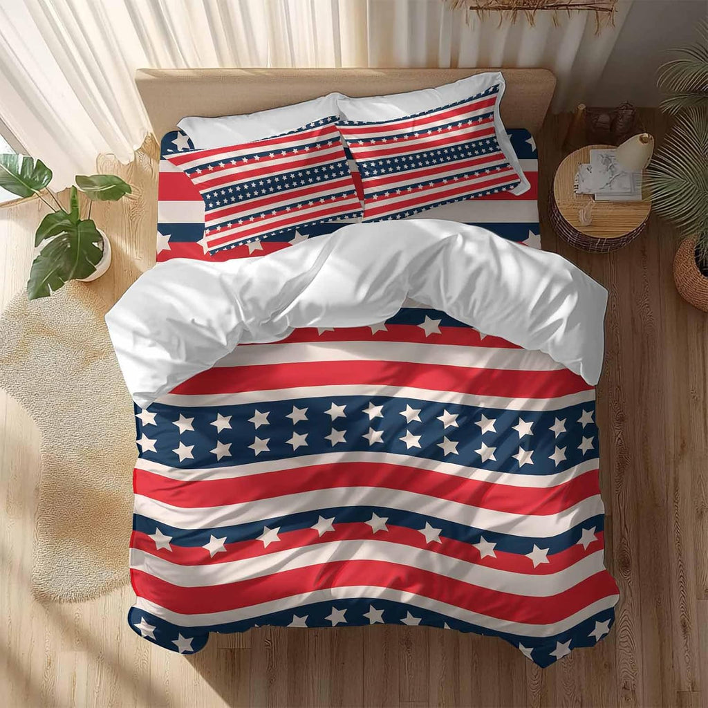 Prime Leader Independence Day Duvet Cover Set Queen Size 4 Pieces Vintage Classic Red White Blue Stripes Bedding Set with Zipper Closure, 1 Comforter Cover 92x106 Inches 1 Flat Sheet & 2 Pillow Cases