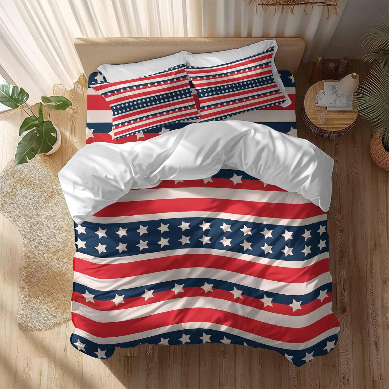 Prime Leader Independence Day Duvet Cover Set Queen Size 4 Pieces Vintage Classic Red White Blue Stripes Bedding Set with Zipper Closure, 1 Comforter Cover 92x106 Inches 1 Flat Sheet & 2 Pillow Cases