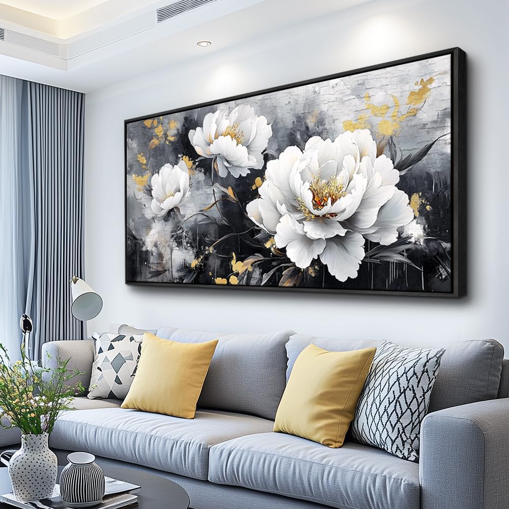 PHAOHUAXM Large Framed Canvas Wall Decor For Living Room Wall Art For Bedroom Modern Abstract Painting Ink-Wash White Flowers With Black Frames Dining Room Home Decor Print Artwork Posters 30'X60'